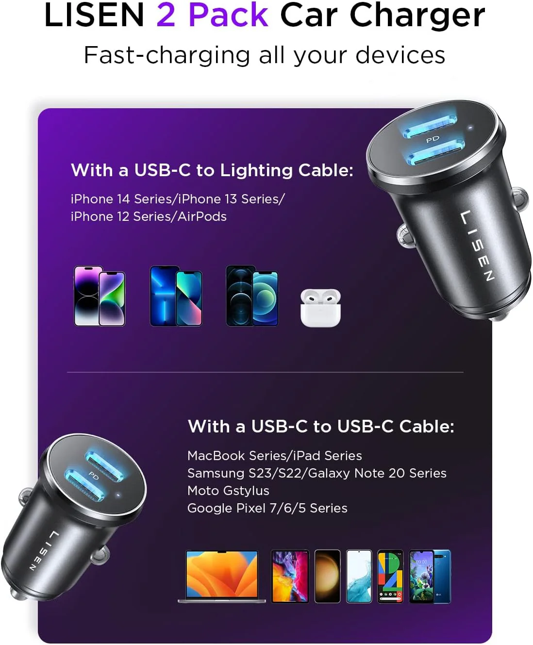 Lisen Dual USB C Car Charger 2-Pack - Image 3