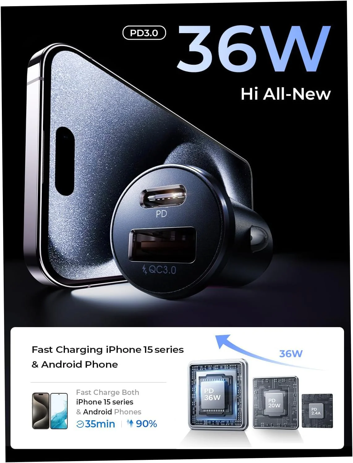 LISEN 54W USB C Car Charger Adapter [Mini & Metal] Cigarette Lighter USB Charger Fast Charging [PD QC 3.0] USBC Car Phone Charger for iPhone 15 Pro Max Plus 14 Samsung Galaxy S24 iPad Pro - Image 5