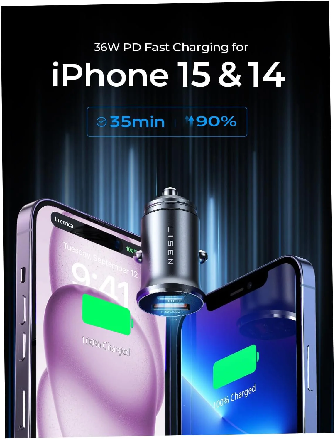 LISEN 54W USB C Car Charger Adapter [Mini & Metal] Cigarette Lighter USB Charger Fast Charging [PD QC 3.0] USBC Car Phone Charger for iPhone 15 Pro Max Plus 14 Samsung Galaxy S24 iPad Pro - Image 6