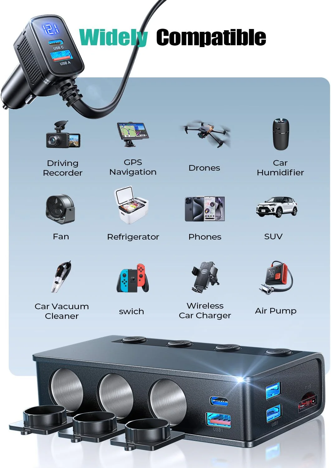 LISEN Cigarette Lighter Splitter Adapter 191W Heavy Duty Truck Car USB Chager Multi Port with PD36W/QC3.0 Charge USB C 12V/24V Independent Switches & Dust Cover & Waterproof for All Car Devices - Image 6