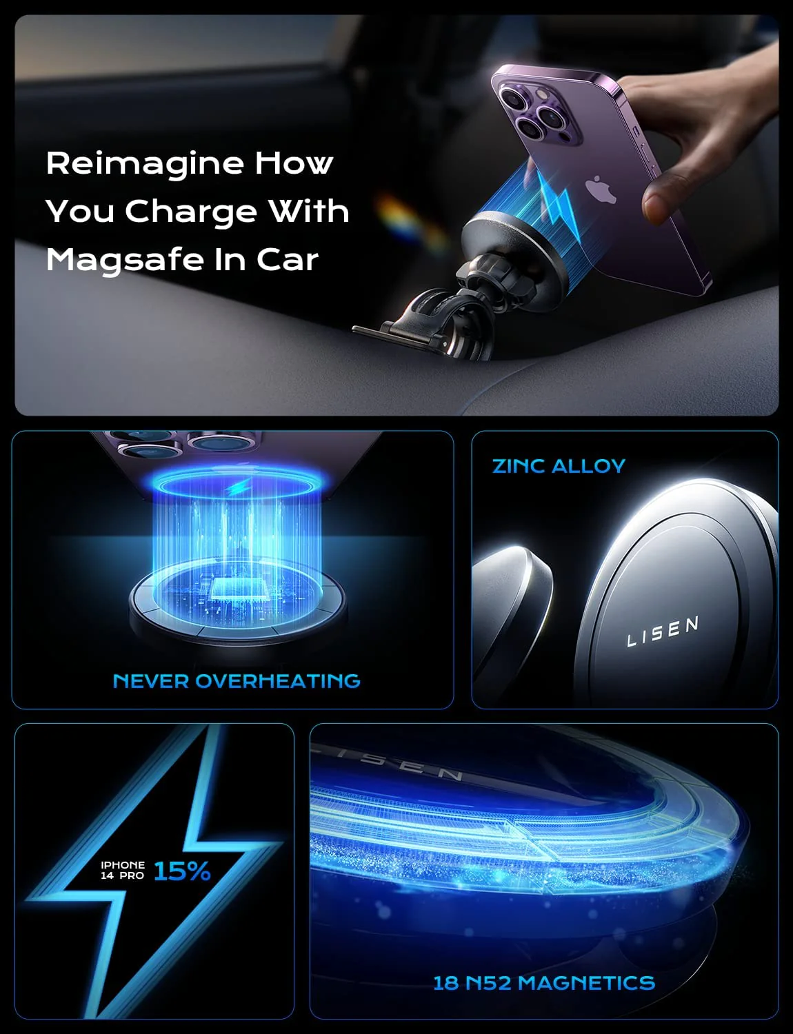 Lisen Magsafe Car Mount Wireless Charger - Image 3