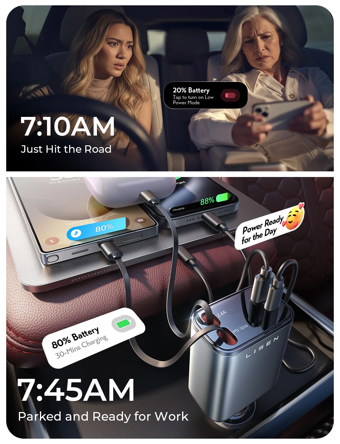 LISEN Retractable Car Charger, for Christmas Day Gifts for Men Women, 69W Cars Adapter USB C Fast Charger for iPhone 17, Car Accessories for Men Women Drivers, for iPhone 17 Pro Max Air 16 15 14 Plus - Image 5