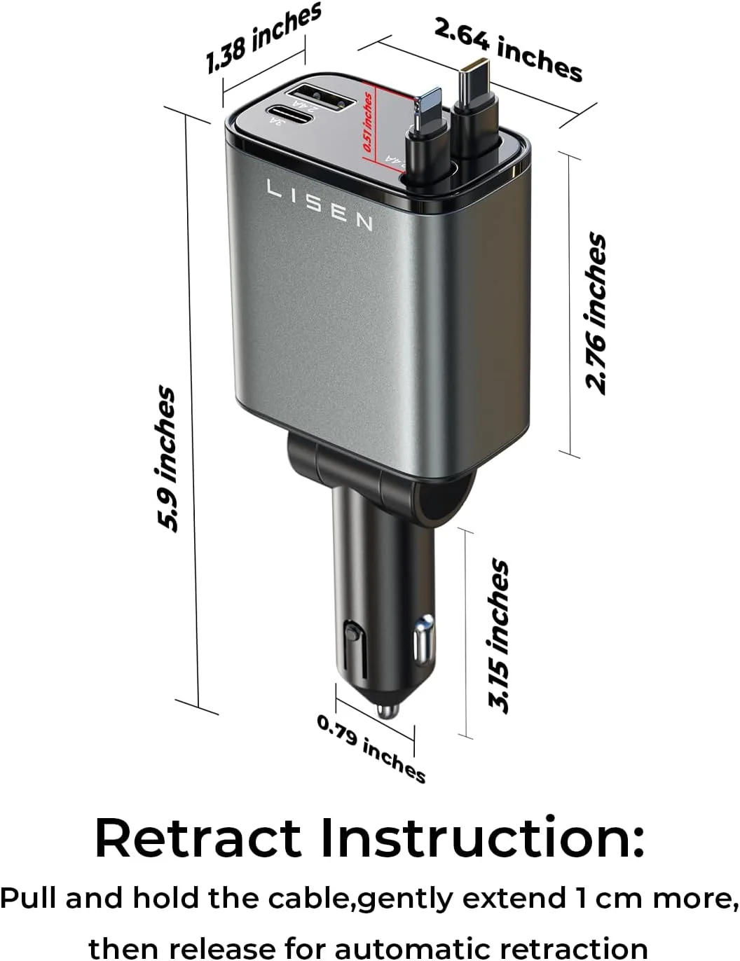 LISEN Retractable Car Charger, for Christmas Day Gifts for Men Women, 69W Cars Adapter USB C Fast Charger for iPhone 17, Car Accessories for Men Women Drivers, for iPhone 17 Pro Max Air 16 15 14 Plus - Image 9